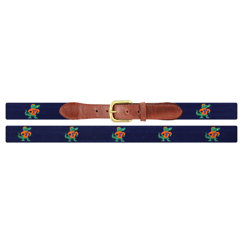 Flat view of Needlepoint University of Florida Albert Belt Dark Navy with brown leather trim and a brass buckle