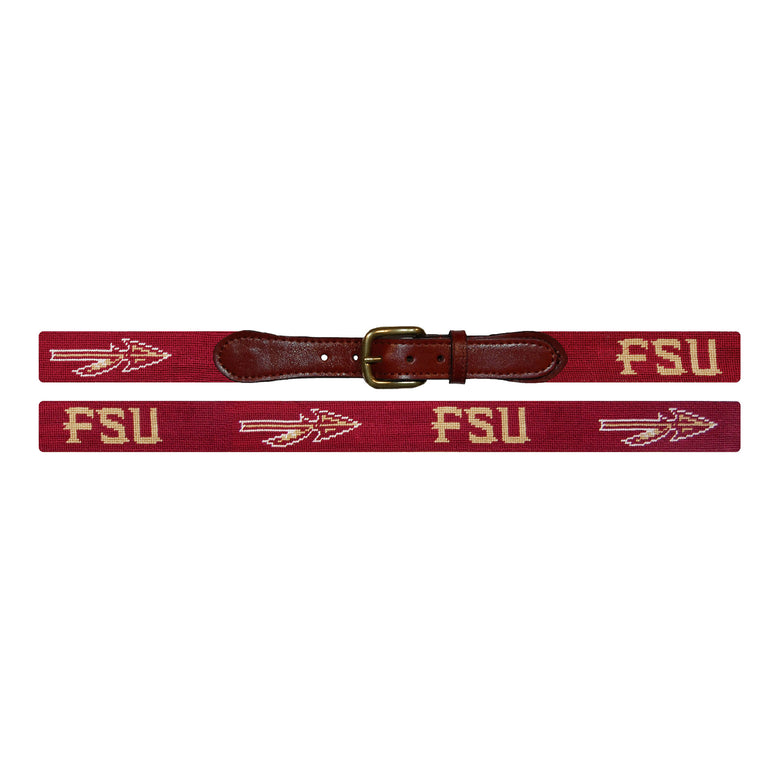 Flat view of Needlepoint Florida State Belt Garnet with brown leather trim and a brass buckle