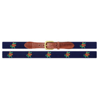Flat view of Needlepoint Monogrammed University of Florida Albert Belt Dark Navy with brown leather trim and a brass buckle