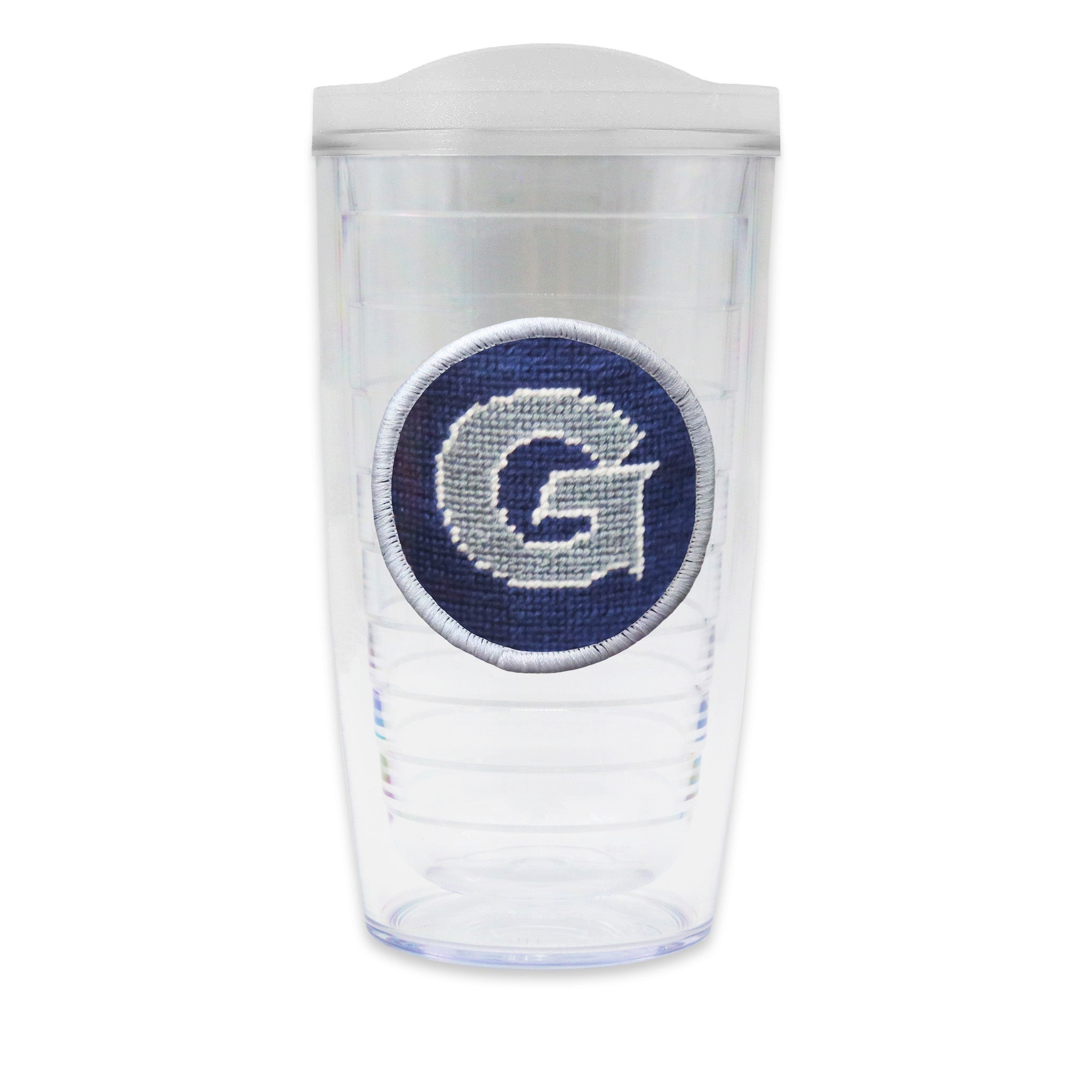 Tervis Tumbler with Georgetown logo needlepoint patch with frosted lid