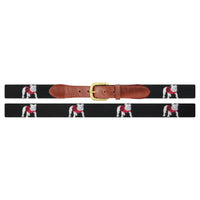Flat view of Needlepoint Monogrammed Georgia Bulldog Belt Black with brown leather trim and a brass buckle