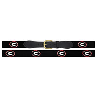 Black belt with a gold buckle and red and white logo on a white background