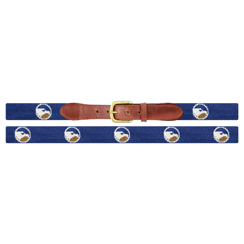 Flat view of Needlepoint Monogrammed Georgia Southern Belt Classic Navy with brown leather trim and a brass buckle