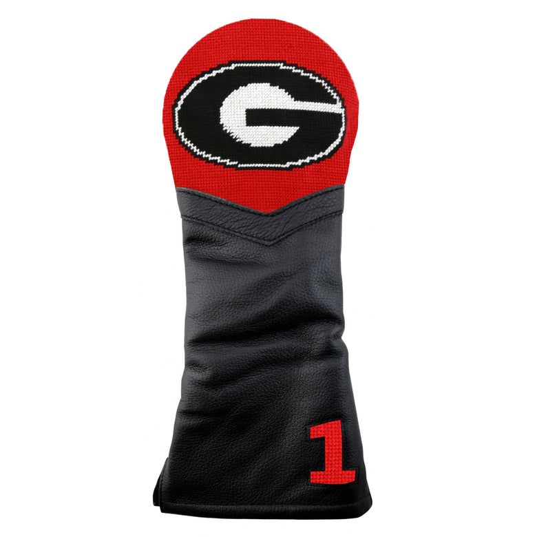 Black golf headcover with Georgia G logo with red background