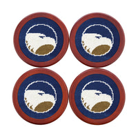 Classic navy coasters featuring the gold Georgia Southern eagle logo in needlepoint, shown laid flat.