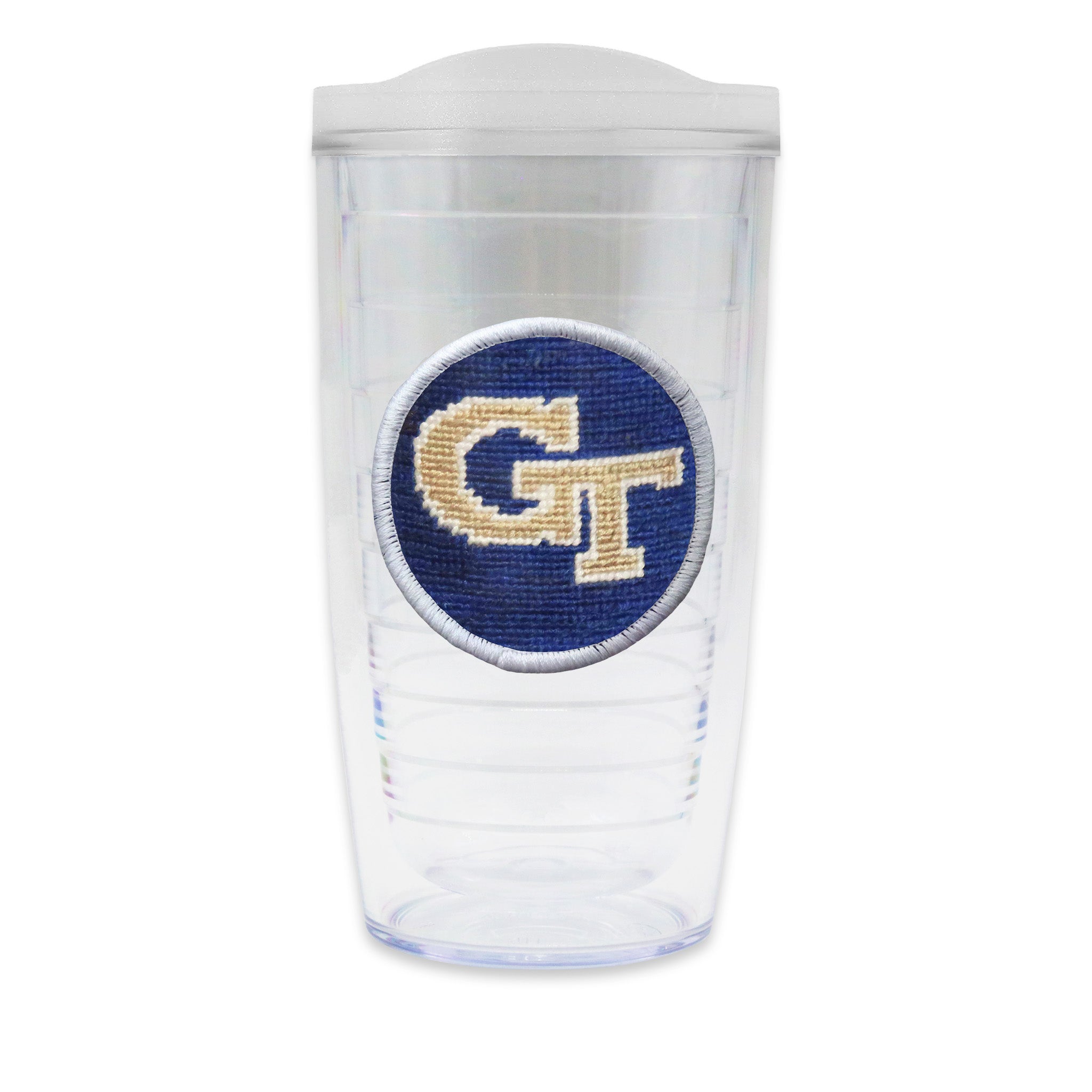 Tervis Tumbler with Georgia Tech logo needlepoint patch with frosted lid