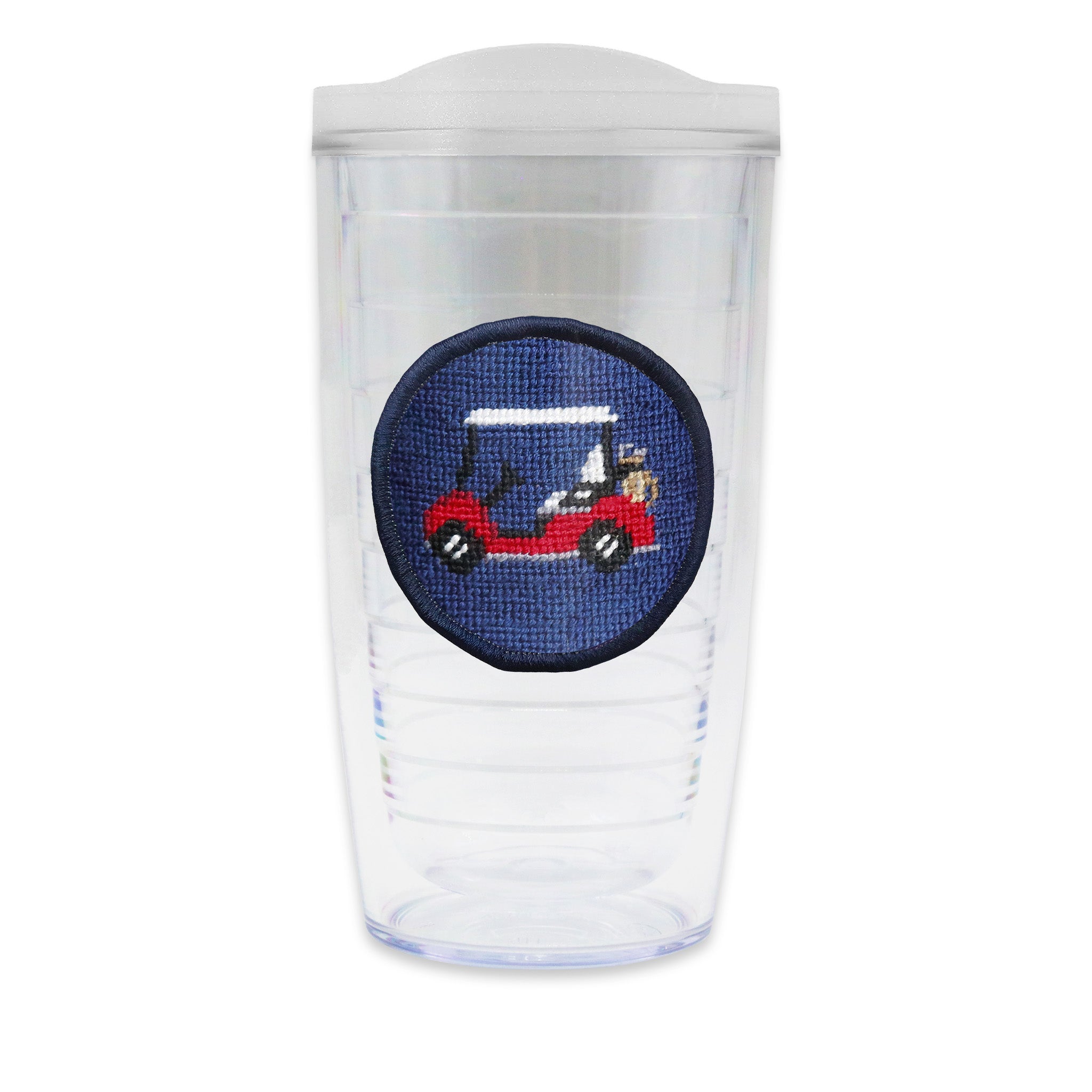 Tervis Tumbler with Golf Cart needlepoint patch with frosted lid