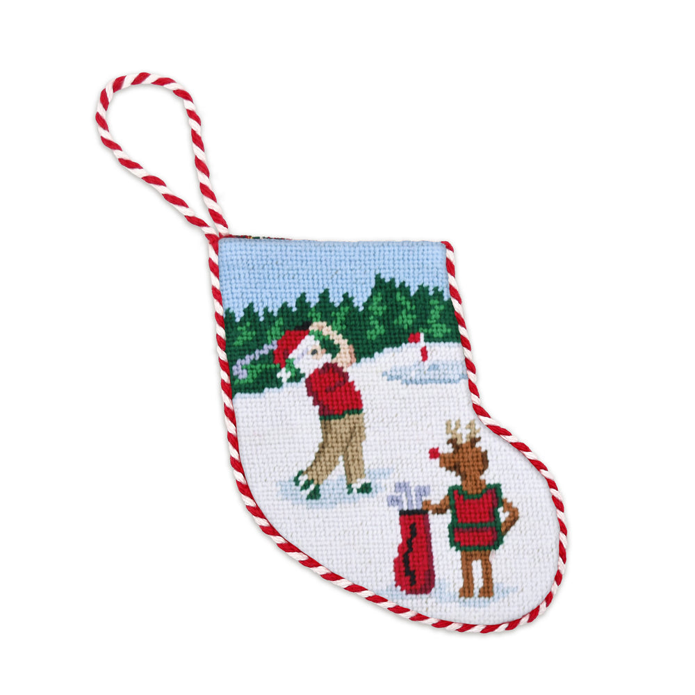 Golfing Santa Stocking Ornament (Red-White Cord)