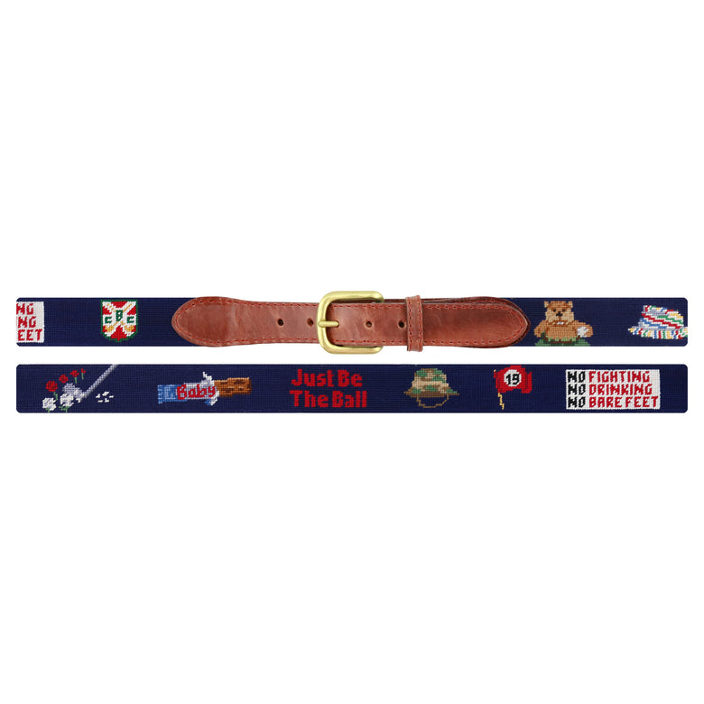 Flat view of Needlepoint Monogrammed Gopher Golf Life Belt Dark Navy with brown leather trim and a brass buckle
