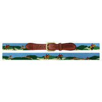 Close-up detail view of Horse Jumping Scene needlepoint belt showing hand-stitched equestrian design