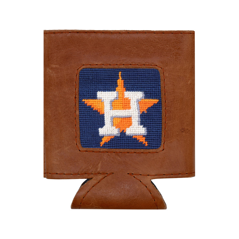 Navy can cooler with the orange Houston Astros star logo from a secondary angle.