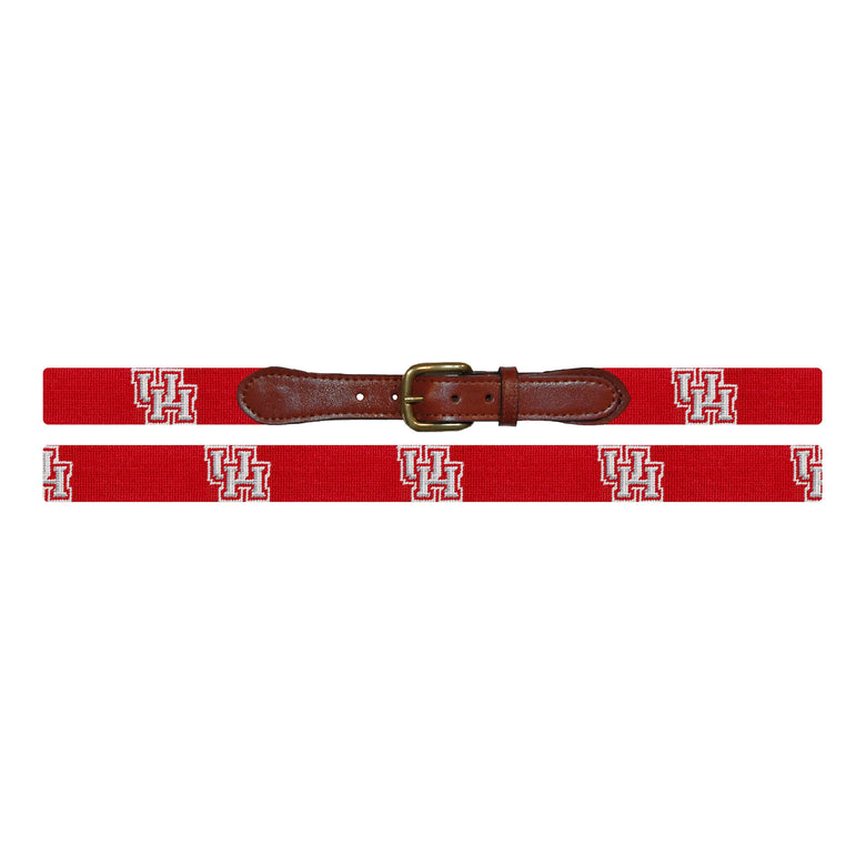 Flat view of Needlepoint University of Houston Belt Red with brown leather trim and a brass buckle
