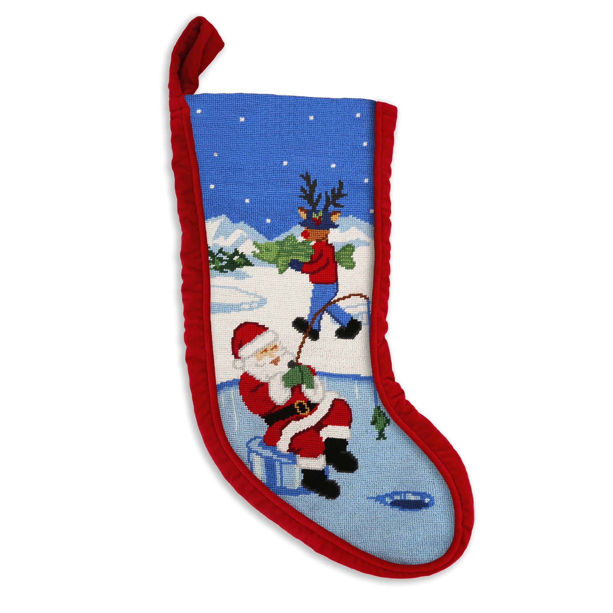 Ice Fishing Santa Stocking (Red Velvet) (Final Sale)