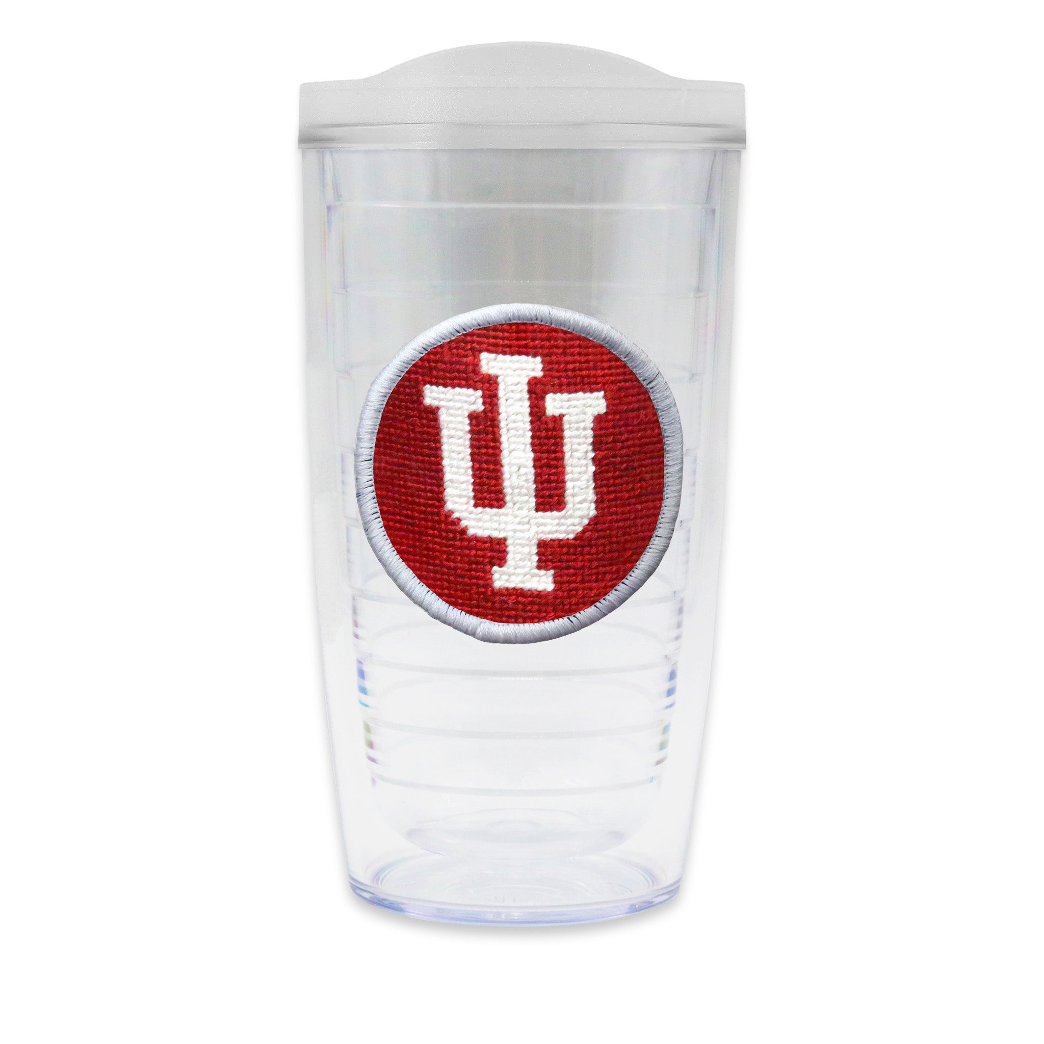 Tervis Tumbler with Indiana logo needlepoint patch with frosted lid