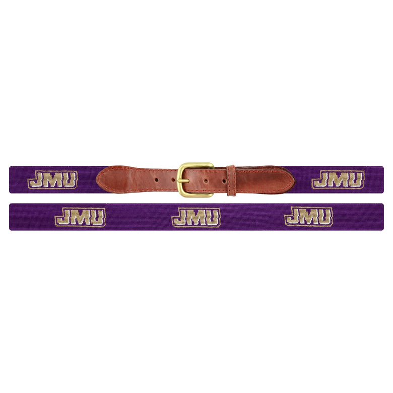 Flat view of Needlepoint James Madison Belt Royal Purple with brown leather trim and a brass buckle