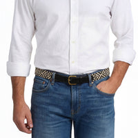 Model wearing Smathers and Branson Jeans Pants with Scarsdale Black Leather needlepoint pattern