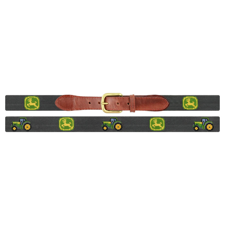 Flat view of Needlepoint John Deere Logo-Tractor Belt Charcoal with brown leather trim and a brass buckle