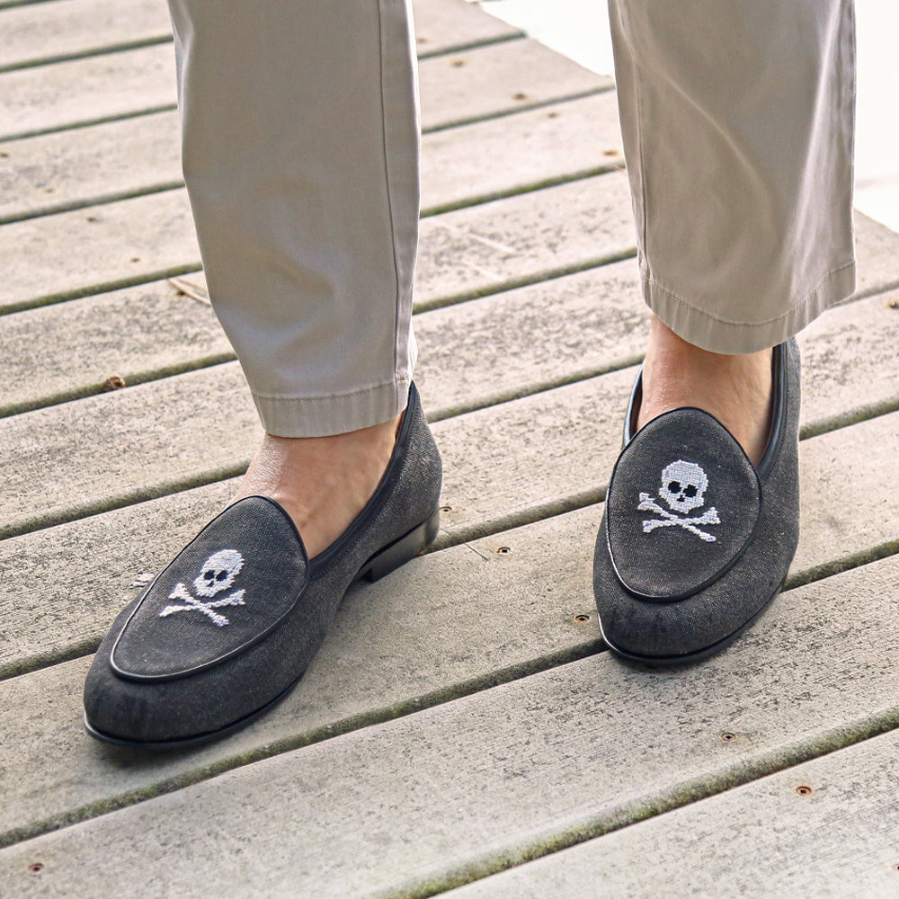 Jolly Roger Canvas Belgian Loafers (Charcoal Canvas) (Black Leather)