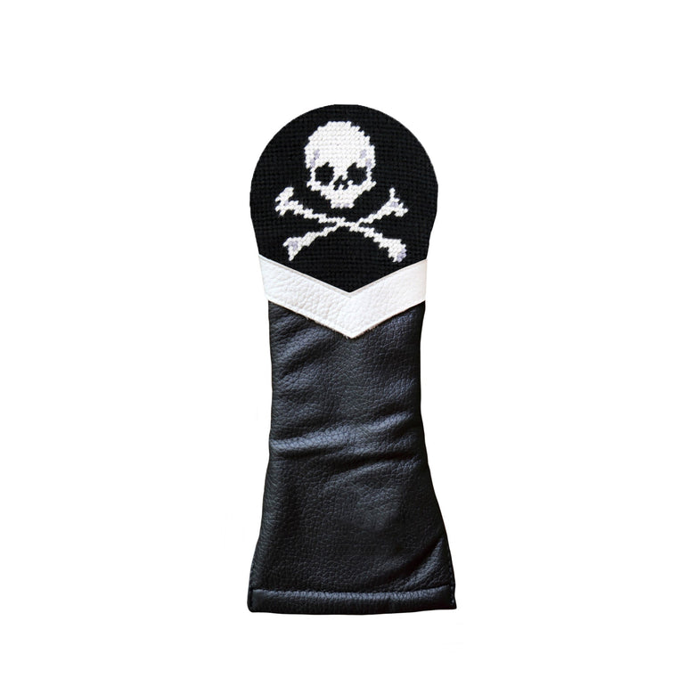 White golf headcover with skull and cross bones design with black background