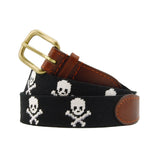Monogrammed Jolly Roger Needlepoint Belt Black coiled, with brown leather trim and a brass buckle