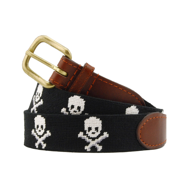 Monogrammed Jolly Roger Needlepoint Belt Black coiled, with brown leather trim and a brass buckle