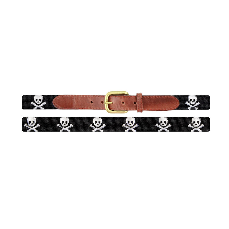 Flat view of Needlepoint Jolly Roger Children's Belt Black with brown leather trim and a brass buckle