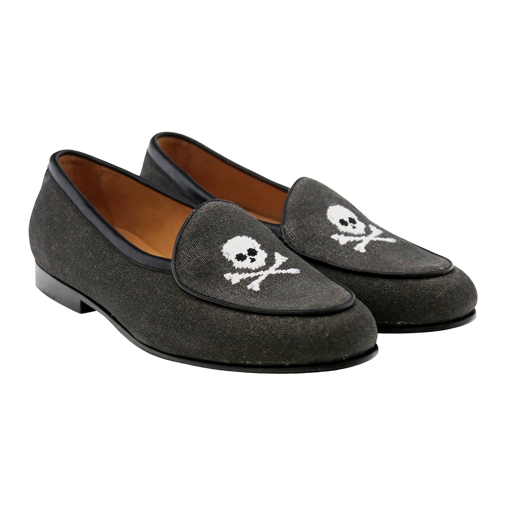 Jolly Roger Canvas Belgian Loafers (Charcoal Canvas) (Black Leather)