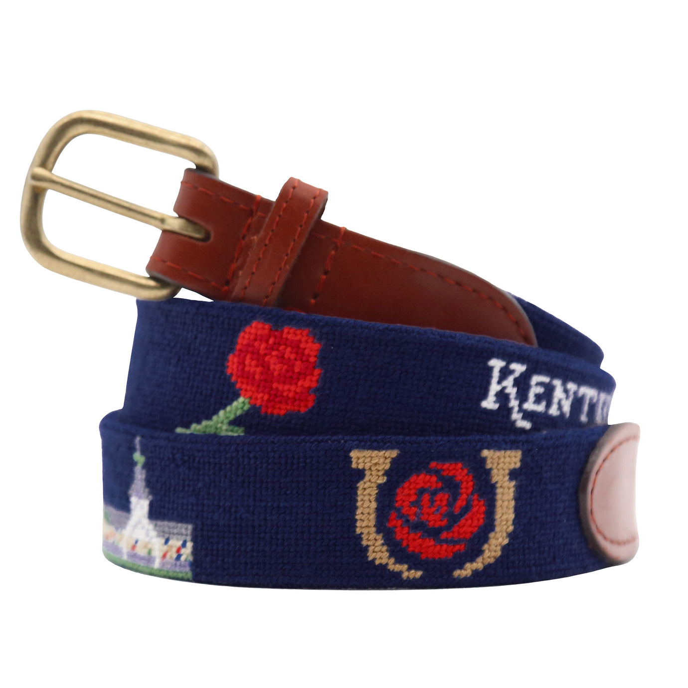 Monogrammed Kentucky Derby Life Needlepoint Belt coiled, with brown leather trim and a brass buckle