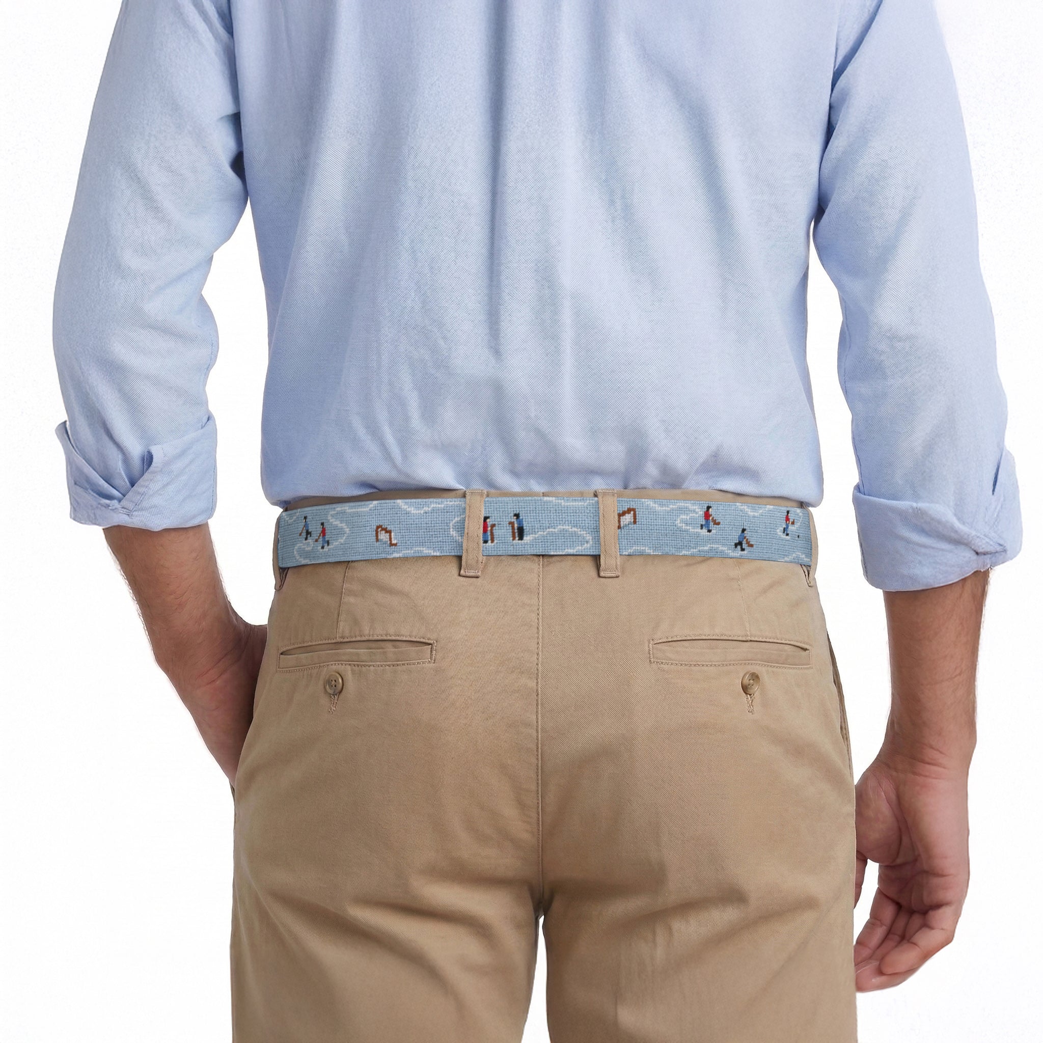 Model wearing Smathers and Branson Khaki Pants with Pond Hockey pattern, back view