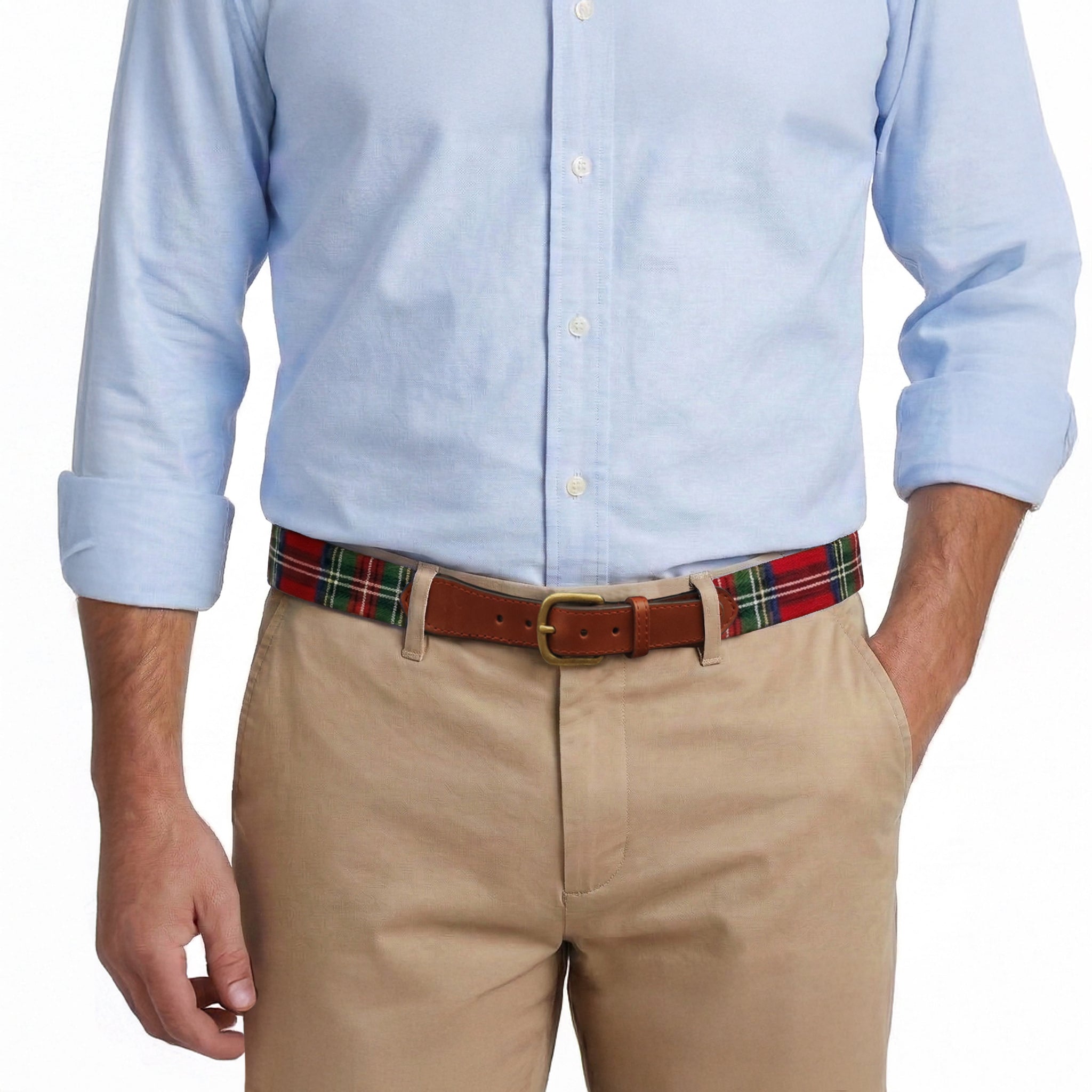 Model wearing Smathers and Branson Khaki Pants with Christmas Plaid needlepoint pattern