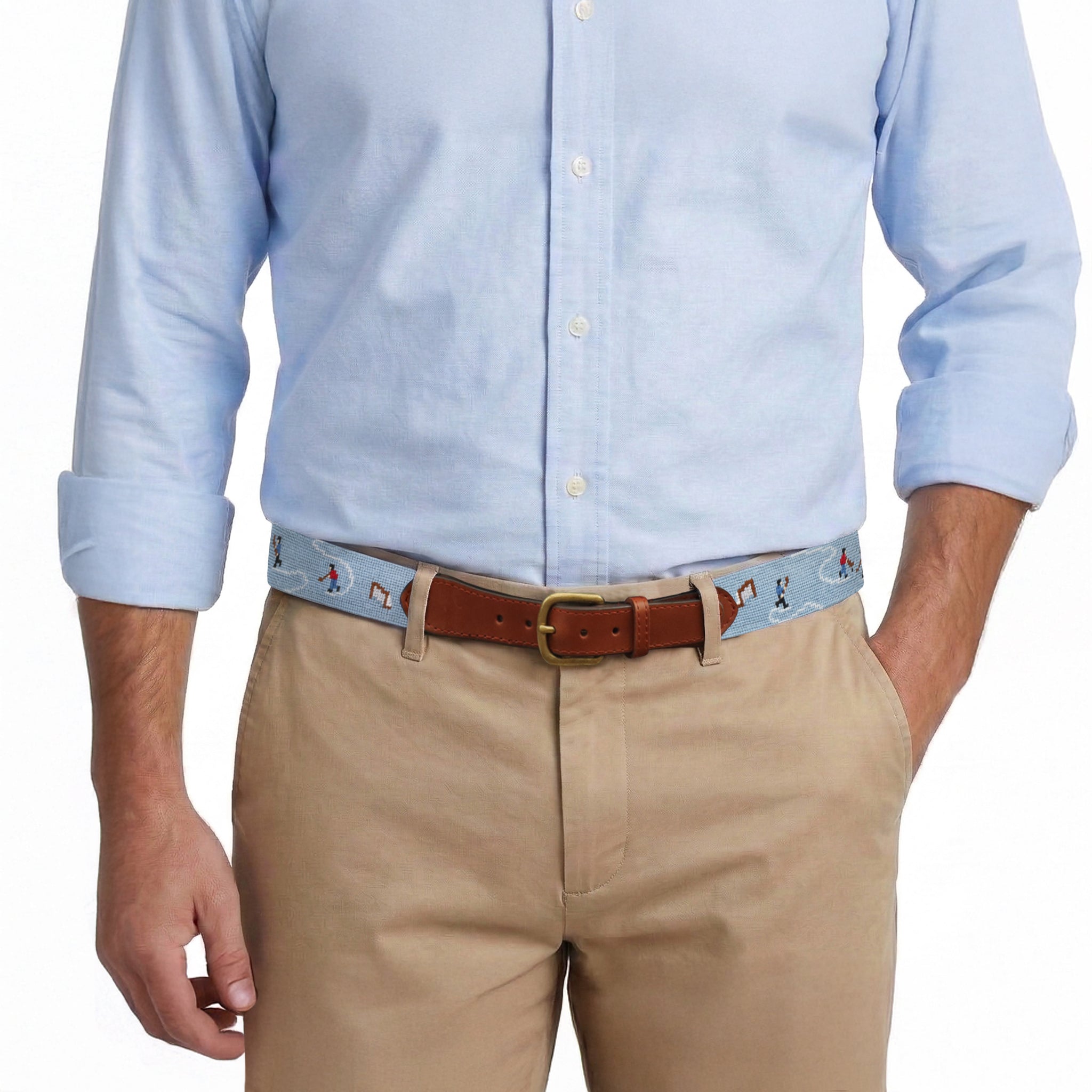 Model wearing Smathers and Branson Khaki Pants with Pond Hockey needlepoint pattern