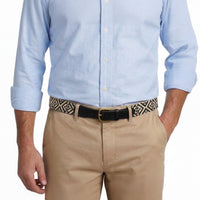 Model wearing Smathers and Branson Khaki Pants with Scarsdale Black Leather needlepoint pattern