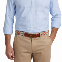 Model wearing Smathers and Branson Khaki Pants with Sedona needlepoint pattern