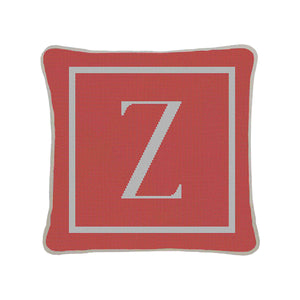 Letter "Z" pillow stitch out in melon and white, showcasing a clean and elegant design.