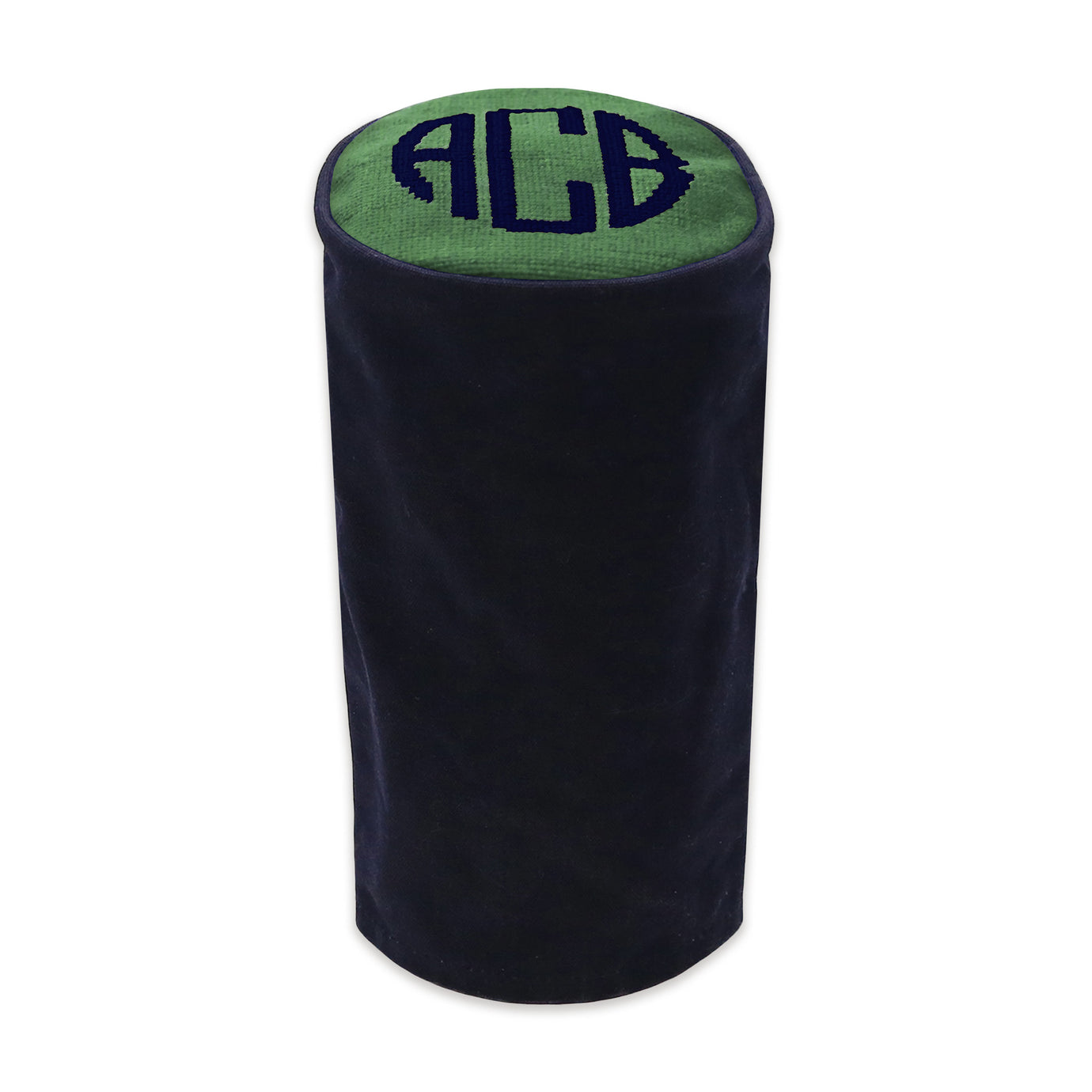 Monogrammed wax canvas cylinder headcover with needlepoint top