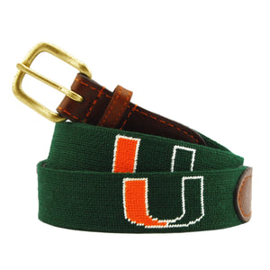 Monogrammed University of Miami Needlepoint Belt FL Needlepoint Belt Deep Hunter coiled, with brown leather trim and a brass buckle