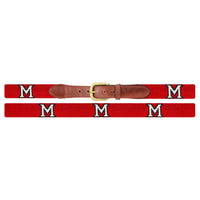 Flat view of Needlepoint Monogrammed Miami of Ohio Belt Red with brown leather trim and a brass buckle