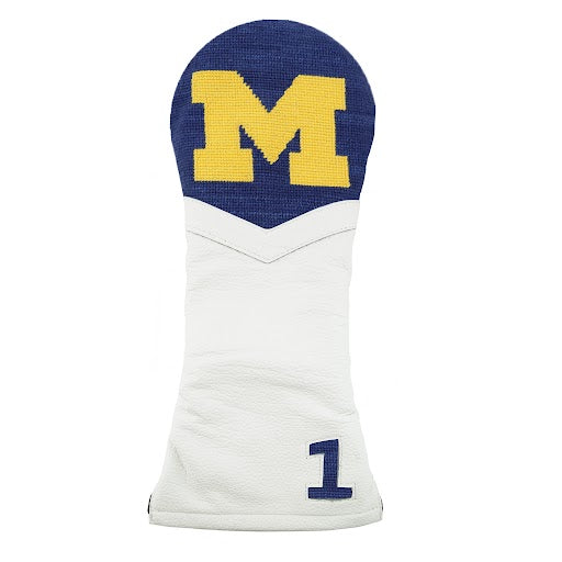 White golf headcover with Michigan logo with classic navy background