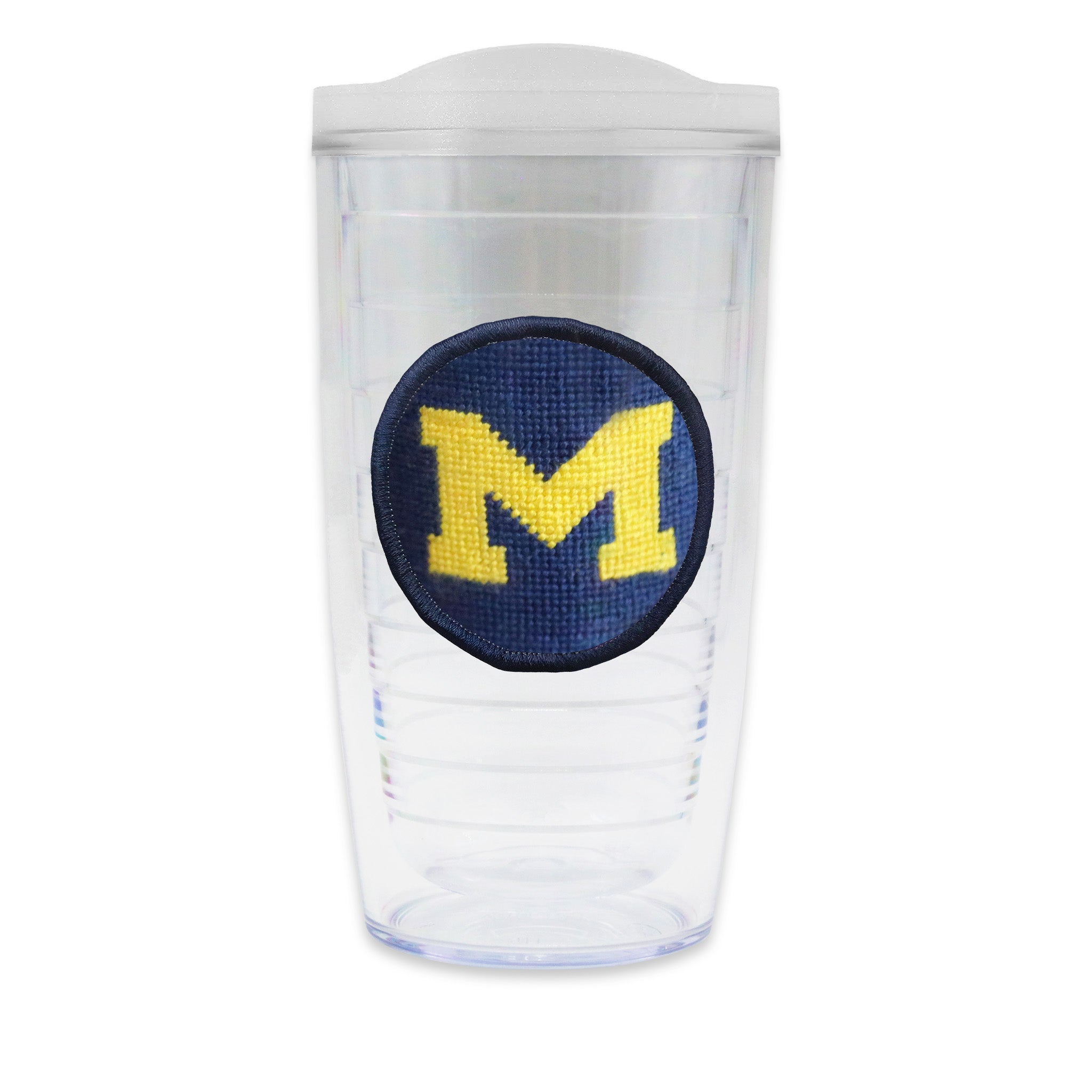 Tervis Tumbler with Michigan logo needlepoint patch with frosted lid
