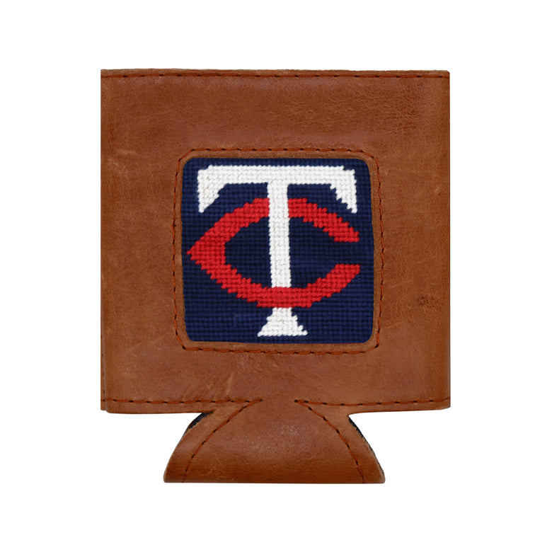 Navy can cooler showing the red Minnesota Twins “TC” logo from a secondary angle.