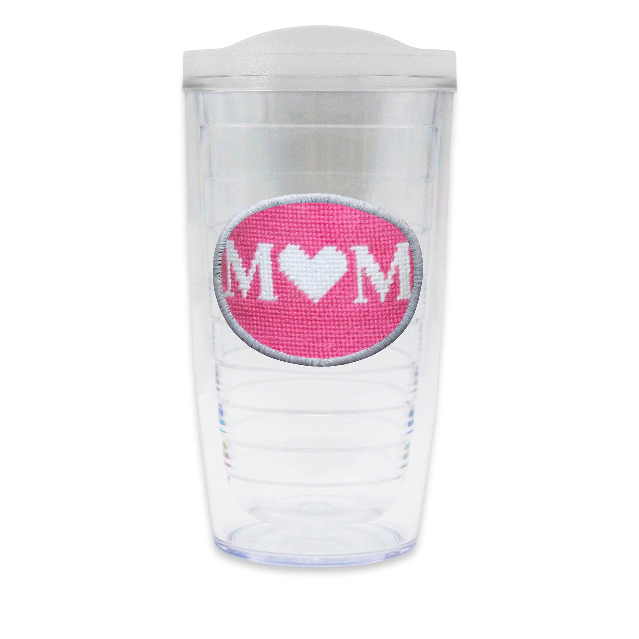 Tervis Tumbler with Mom needlepoint patch with frosted lid
