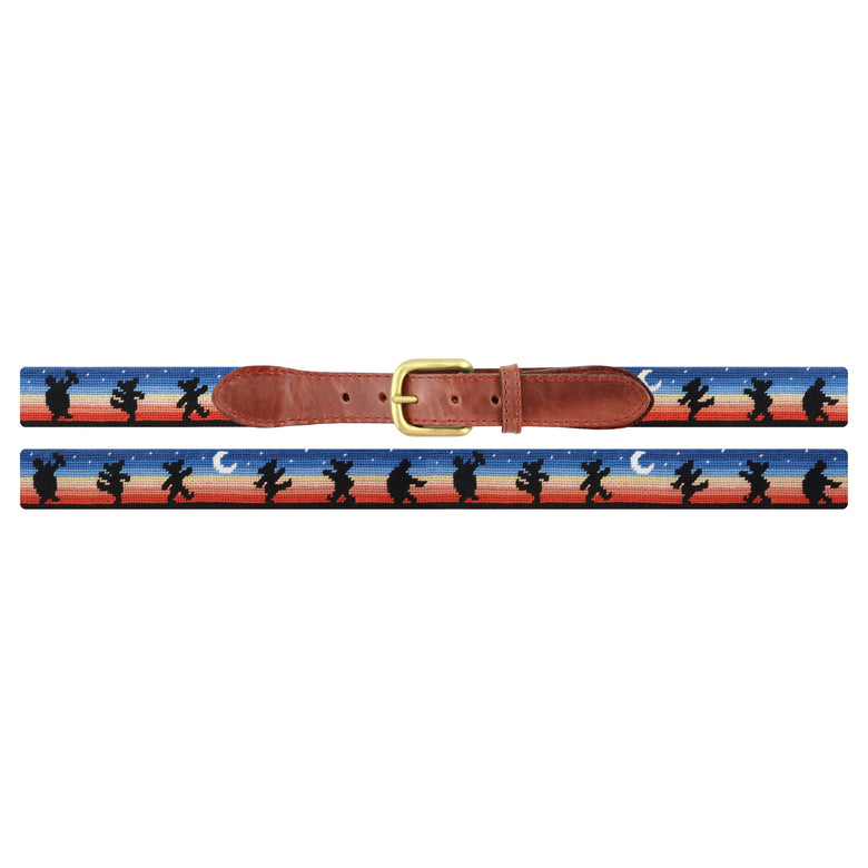 Flat view of Needlepoint Grateful Dead Moondance Belt with brown leather trim and a brass buckle
