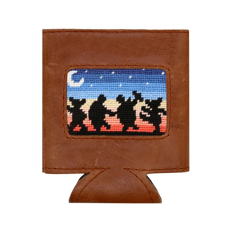 Multi-colored can cooler showing a moondance-inspired abstract pattern from a secondary view.