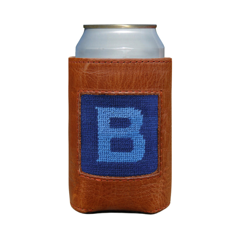 Classic navy and cornflower blue can cooler with the Murphy script letter “B” monogram and white stitching.