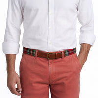Model wearing Smathers and Branson Nantucket Red Pants with Christmas Plaid needlepoint pattern