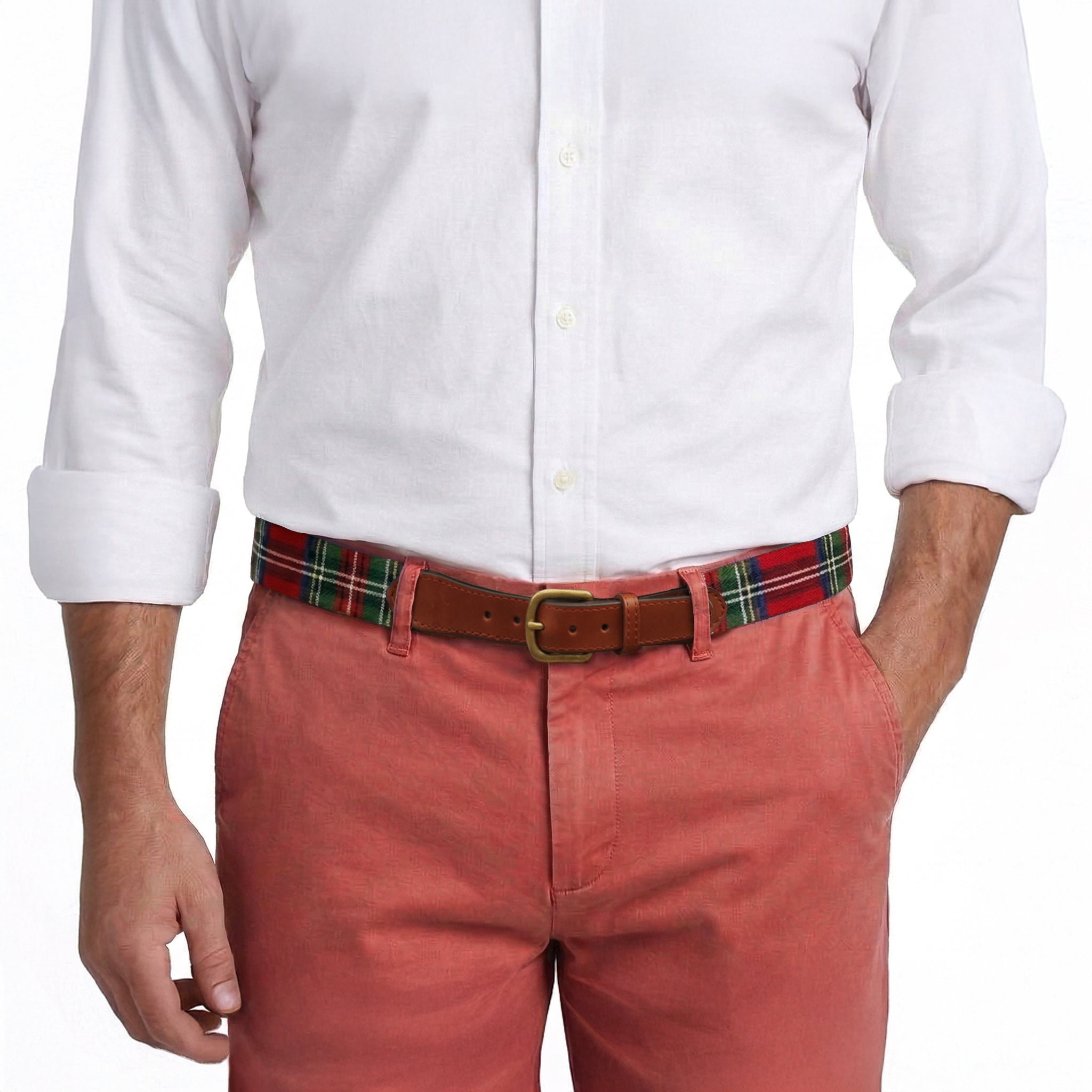 Model wearing Smathers and Branson Nantucket Red Pants with Christmas Plaid needlepoint pattern