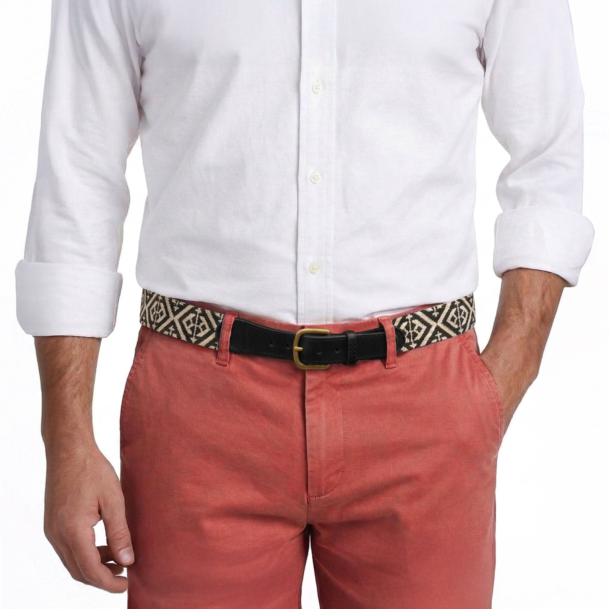 Model wearing Smathers and Branson Nantucket Red Pants with Scarsdale Black Leather needlepoint pattern