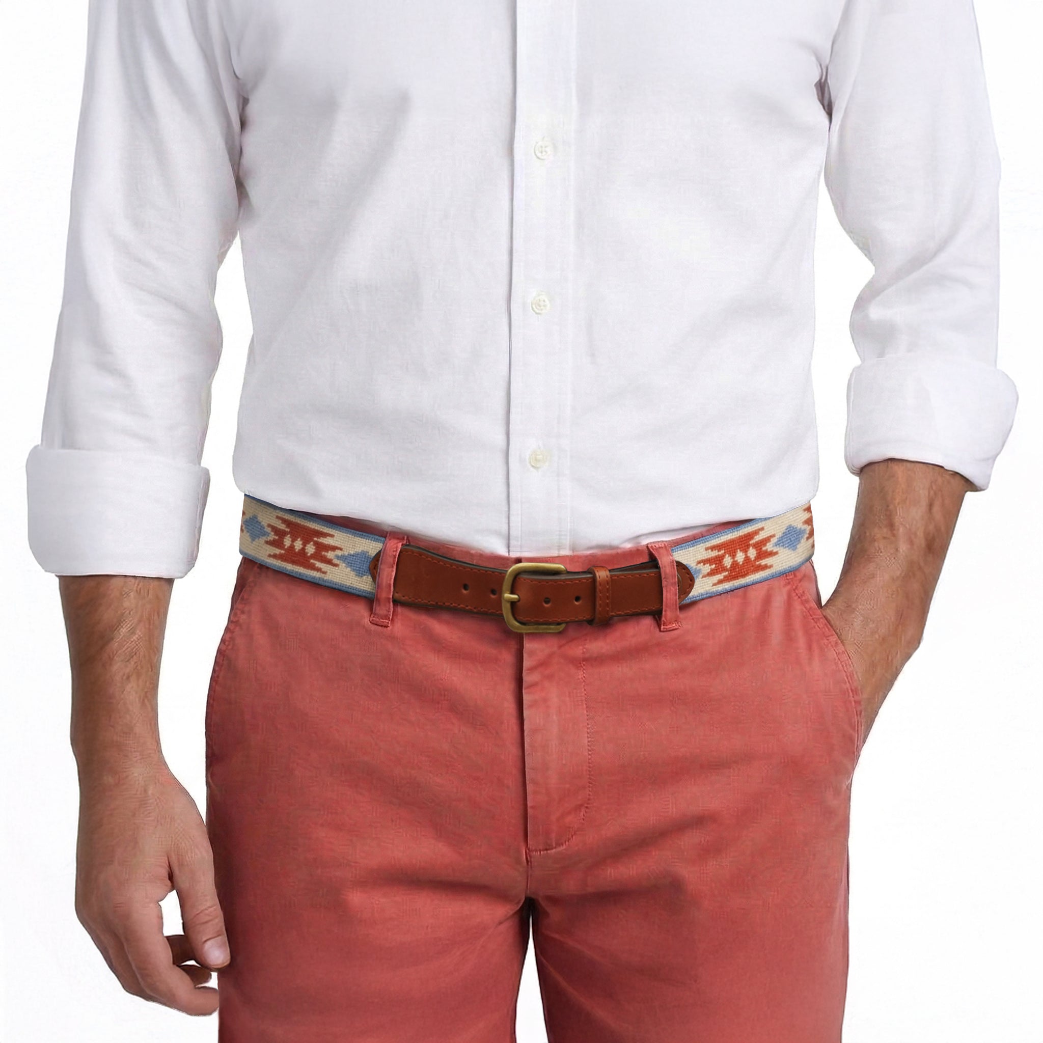 Model wearing Smathers and Branson Nantucket Red Pants with Sedona needlepoint pattern