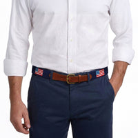 Model wearing Smathers and Branson Navy Pants with American History needlepoint pattern