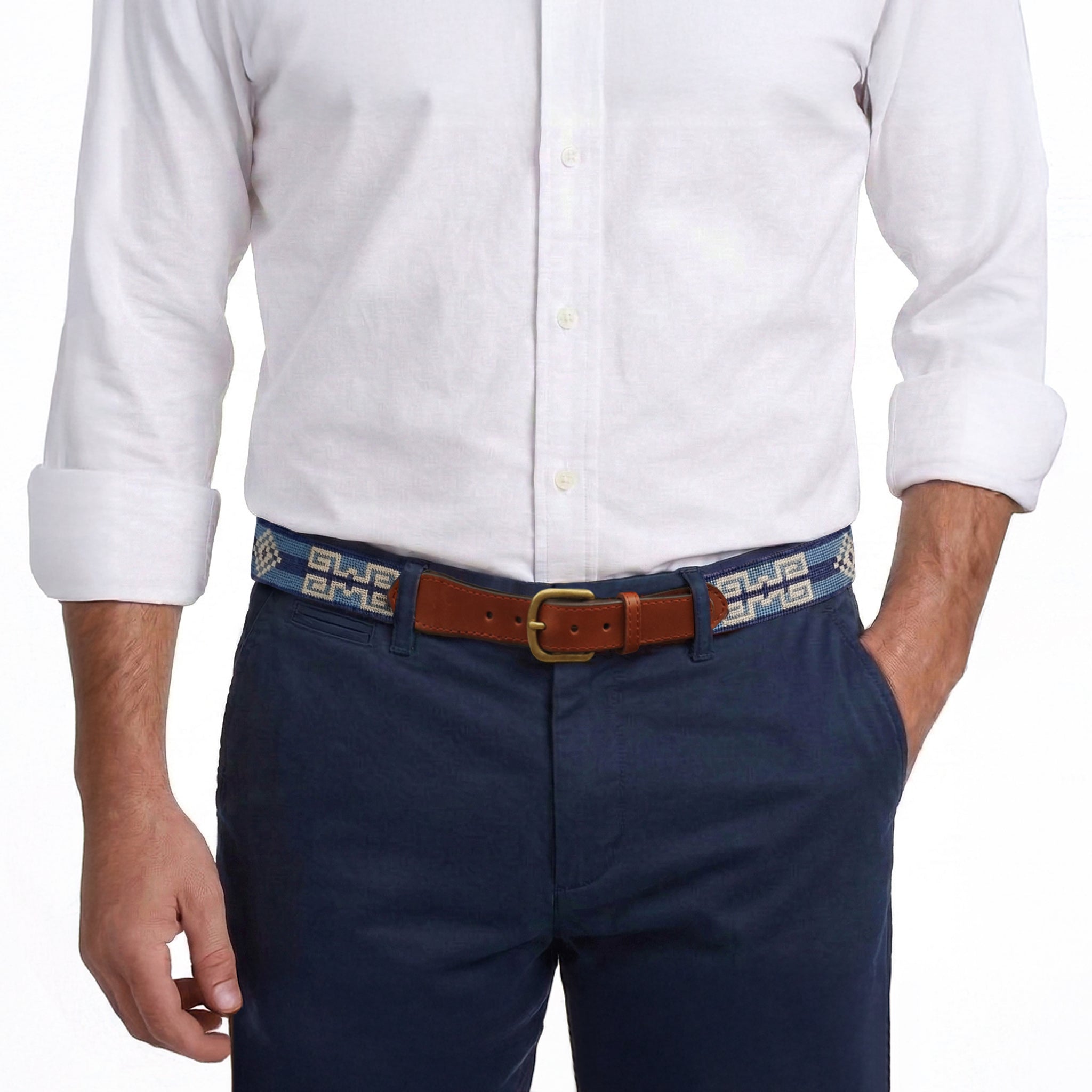Model wearing Smathers and Branson Navy Pants with Buenos Aires needlepoint pattern